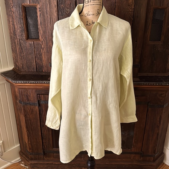 Eileen Fisher Tops - Eileen Fisher Soft Yellow Irish Linen Button Shirt Size Medium EUC
